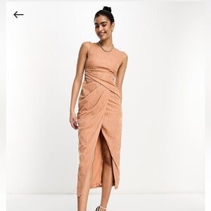 ASOS DESIGN high neck textured midi pencil dress in caramel.